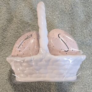 Rae Dunn Ceramic Basket with Pink Eggs